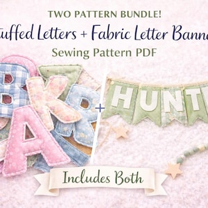 Op de afbeelding: Afbeelding van een naaipatroonbundel voor opgevulde letters en stoffen letterbanners. De letters zijn gemaakt van verschillende pastelstoffen, en een banner spelt "HUNTER". De tekst "Includes Both" is ook zichtbaar.