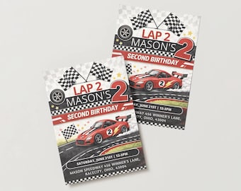 Lap 2 Racing Birthday Invitation, Race Car Theme (Editable Canva Template PDF Download)