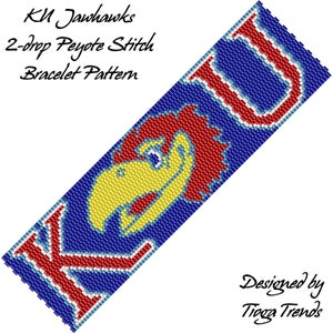 May include: A beaded bracelet pattern featuring the Kansas Jayhawks mascot, a red and yellow bird with a blue background. The pattern includes the letters "KU" in red and white. The text "KU Jayhawks 2-drop Peyote Stitch Bracelet Pattern" and "Designed by Tinga Trends" are also included.