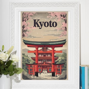 Kyoto Japan Travel Poster, Vintage Torii Gate Wall Art, Printable Japan City Decor, Japanese Cherry Blossom Digital Download