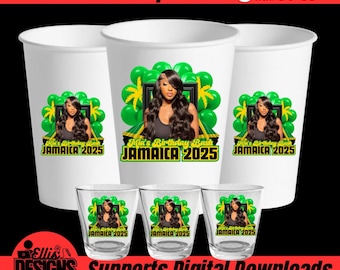 May include: White paper cups and shot glasses with a graphic design. The design features a woman, green balloons, and the text "Mia's Birthday Bash JAMAICA 2025". The top of the image reads "Editable Template in Canva".