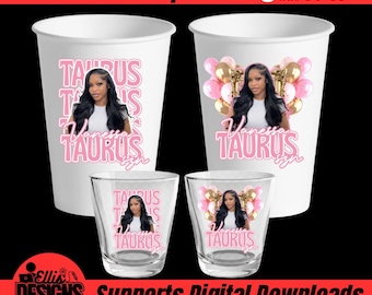 Taurus Season Cup Shot Glass Sticker Template, Editable Canva, Zodiac Party Decor (Digital Download)