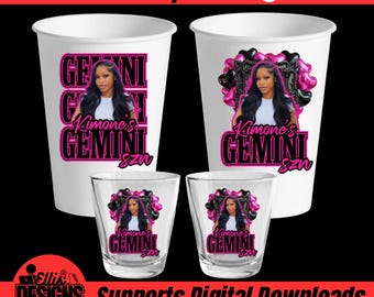 Gemini SZN Cup  Shot Glass Template | Editable Canva Design | Birthday Party Favor Sticker | Custom Photo Zodiac Gemini PNG Digital Download