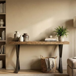 Puede incluir: Una consola de madera rústica con borde natural, sostenida por patas de metal oscuro. La mesa está adornada con jarrones decorativos, libros y un helecho en maceta. Una cesta tejida con una manta y un otomán beige completan la escena, creando un diseño interior cálido.