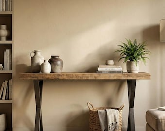 Rustic Solid Wood Console Table with Metal X Legs, Farmhouse Entryway Table, Custom Sizes