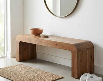 Banco de nogal macizo con diseño de cascada, asiento de entrada con borde curvo hecho a mano.