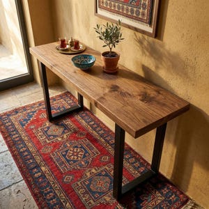 Solid Walnut Console Table, Black Metal U Legs, Handmade Entryway Table