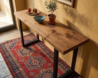 Mesa consola de nogal macizo, patas en forma de U de metal negro, mesa de entrada hecha a mano