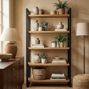 Può includere: Una libreria in legno con supporti in metallo nero, riempita di vasi decorativi, piante in vaso, libri e un cestino intrecciato. Una lampada con paralume beige e un mobile in legno sono in primo piano. La stanza ha una palette di colori neutri.