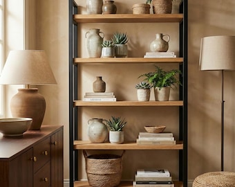 Industrial Wood and Metal Bookshelf, 5 Tier Solid Wood Shelving Unit, Custom Sizes