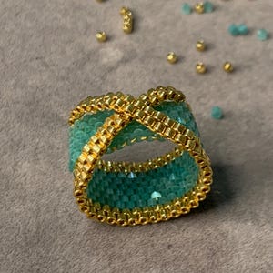 Miyuki Delica Beaded Ring: Gold & Turquoise Seed Bead Band
