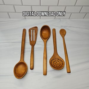 May include: A set of five light brown wooden kitchen utensils including a solid spoon, a slotted turner, a large mixing spoon, a perforated strainer spoon, and a small spoon, with the text DIGITAL DOWNLOAD ONLY displayed above the items.