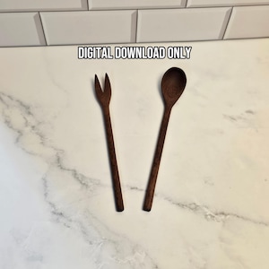 May include: A dark brown wooden fork and a dark brown wooden spoon positioned side by side. The text DIGITAL DOWNLOAD ONLY is printed in black above the utensils. Both items feature a long, slender handle and a visible wood grain texture.
