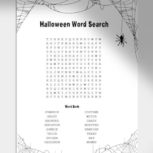 May include: A Halloween word search puzzle on white paper, featuring a spider and web design. The title "Halloween Word Search" is at the top, with a word bank of Halloween-related words. A metal ruler is on the left.