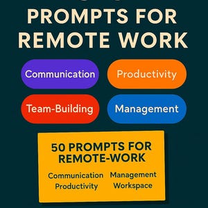 Puede incluir: Un gráfico verde azulado con el texto "50 PROMPTS FOR REMOTE WORK" en blanco. La imagen incluye óvalos de colores con las palabras "Comunicación", "Productividad", "Team-Building" y "Gestión". Un rectángulo amarillo indica "50 PROMPTS FOR REMOTE-WORK".