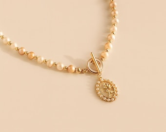 Handmade Cream Freshwater Pearl Necklace, Gold Rose Medallion Choker, Cottagecore Heirloom Jewelry, gift for mom, gift for her