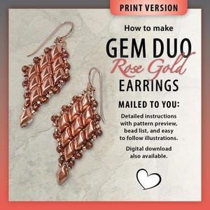 May include: Rose gold Gem Duo earrings with a diamond-shaped design. The earrings are made of small, shiny beads and have a hook closure. The image also includes text that says "How to make Gem Duo Rose Gold Earrings".