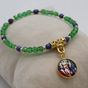 Stretch bracelet with handmade Saint Patrick charm, emerald green, patron saint of Ireland, charm bracelet, one of a kind gift for woman