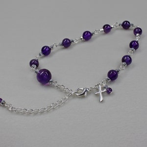 Silver and Amethyst bracelet with cross charm, Christian bracelet, unique gift for woman, one decade rosary bracelet, Christian jewelry