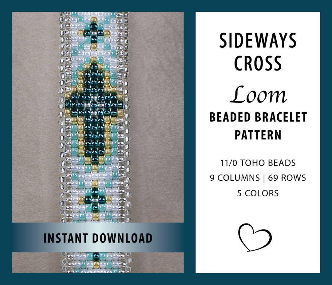 Loom Pattern Cross Sideways Cross Beaded Loom Bracelet Pattern, Teal Green and Aqua ...