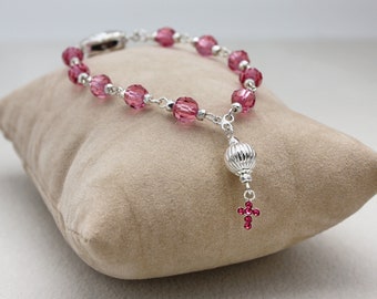 Elegant rose pink and sterling silver Christian bracelet with cross charm, one decade rosary bracelet, gift for a woman, pink and silver