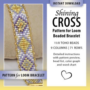 Gold, blue and yellow bead loom pattern, loom bracelet pattern, cross charm, Christian bracelet, seed bead bracelet pattern, bead weaving