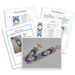 May include: A beaded bracelet with a pattern of three crosses. The bracelet is made with gold-colored beads and has a clasp. The bracelet is approximately 7 inches long.