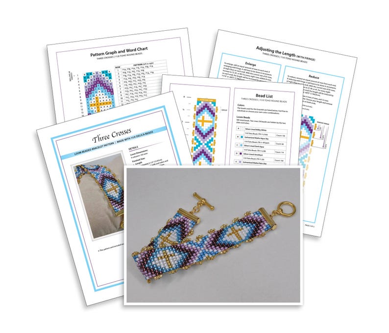 May include: A beaded bracelet with a pattern of three crosses. The bracelet is made with gold-colored beads and has a clasp. The bracelet is approximately 7 inches long.