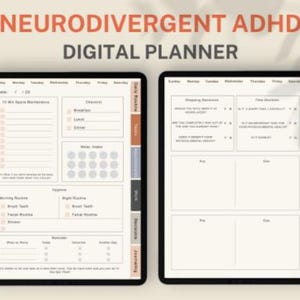 May include: Two digital planner screens with the text "NEURODIVERGENT ADHD DIGITAL PLANNER" at the top. The screens display daily and weekly planning templates with sections for routines, checklists, and notes. The color scheme is neutral with orange and brown accents.