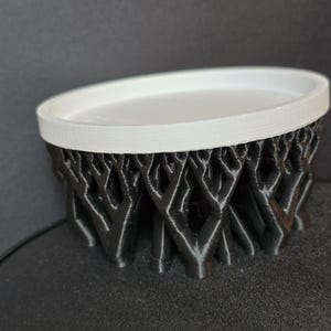 Op de afbeelding: Een zwart-witte decoratieve kom met een uniek boomachtig ontwerp. De kom heeft een witte rand en een zwart, ingewikkeld patroon aan de zijkanten. De kom is waarschijnlijk 3D-geprint en staat op een donkere ondergrond.