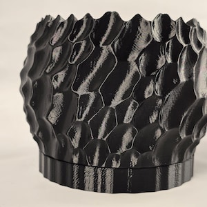 Puede incluir: Una maceta negra texturizada con un diseño orgánico único. La superficie tiene un patrón de formas irregulares en relieve, lo que le da una apariencia rugosa y táctil. La maceta tiene una base ancha y un borde festoneado, adecuada para uso interior o exterior.