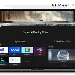 Könnte beinhalten: Ein MacBook Pro Laptop zeigt einen dunklen Bildschirm mit dem Text "AI Meeting Notes". Symbole für Microsoft Teams, Zoom, Google Meet und Slack sind sichtbar. Der Bildschirm zeigt auch den Text "My Networks" und "Start online meeting."