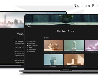 Notion Flow Bundle – A next-gen Notion system for nutrition, fitness, self-care and vision | 24 prompts,  4 Systems, 400+ images