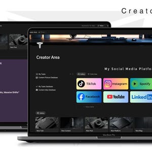 Könnte beinhalten: Zwei MacBook Pro Laptops zeigen eine dunkle Benutzeroberfläche. Einer zeigt "AI CONTENT CREATOR" mit Social-Media-Post-Konzepten. Der andere zeigt "Creator Area" mit Social-Media-Plattform-Symbolen, darunter TikTok, Instagram und YouTube.