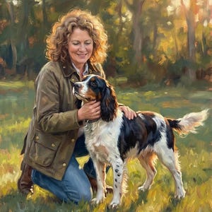 Puede incluir: Pintura al óleo que representa a una mujer arrodillada junto a un perro en un campo cubierto de hierba. El perro es una mezcla de negro, blanco y marrón. La mujer lleva una chaqueta verde y vaqueros azules. El fondo muestra árboles y luz solar.