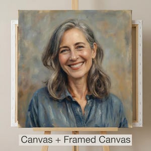 May include: A portrait painting of a smiling woman with gray hair and a blue shirt. The painting is on a canvas, displayed on an easel. The text "Canvas + Framed Canvas" is at the bottom.
