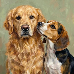 Può includere: Ritratto dipinto di due cani. Un golden retriever a sinistra, un beagle a destra. Il golden retriever ha un mantello marrone chiaro, il beagle un mantello marrone, nero e bianco. Sfondo verde tenue.