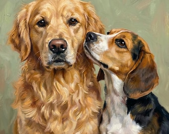 Custom Two Pet Portrait from Photo | Expressive Impasto Oil Style | Ready to Hang Framed Print | Multiple Dog Cat Mom Sibling Memorial Gift