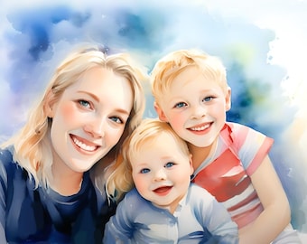 Custom Portrait from Photo | Watercolor-Inspired Artistic Style | Personalized Family Couple or Pet Wall Art | Ready to Hang Framed Print