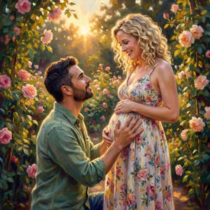 Könnte beinhalten: Ein Gemälde eines Paares in einem Garten, die schwangere Frau trägt ein Blumenkleid, und der Mann kniet. Rosa Rosen und Sonnenlicht schaffen eine romantische und warme Atmosphäre.