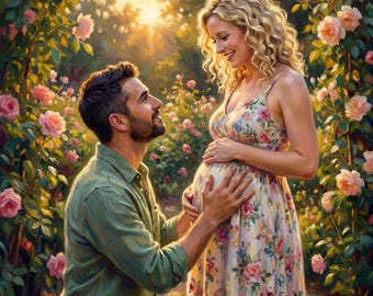 Custom Pregnancy Portrait Canvas, Oil Painting Style Maternity Art, Nursery Wall Decor, Unique Gift for Pregnant Wife, Push Present