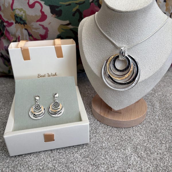 Geometric Silver Jewelry Set: Black & Gold Pendant Necklace, Earrings