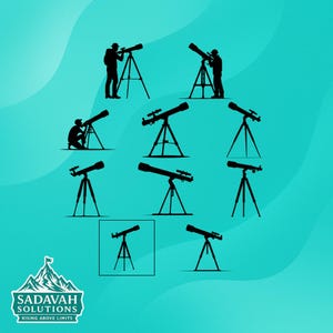 Könnte beinhalten: Türkisfarbener Hintergrund mit schwarzen Silhouetten von Teleskopen und Personen, die sie benutzen. Das Bild enthält den Text "SADAVAH SOLUTIONS RISING ABOVE LIMITS" unten, mit einem Berg- und Flaggenlogo.
