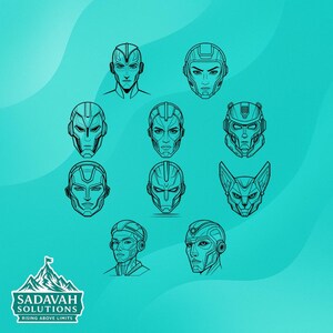 May include: A teal background features nine stylized illustrations of futuristic human faces and a cat-like face. The faces are outlined in black, with varying helmet and mask designs. The Sadavah Solutions logo is at the bottom.