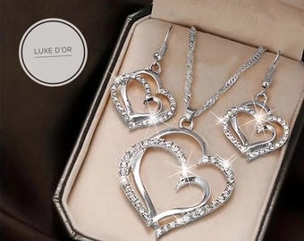 Heart Pendant Necklace and Earrings Set, Sparkling Rhinestone Embellished
