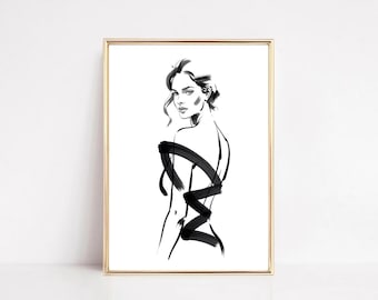 Abstracte mode-illustratie van elegante vrouw | Moderne zwart-witte kunstafdruk | Minimalistische couture-muurdecoratie (digitale download)