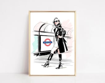 London Fashion-illustratieprint: chique vrouw in trenchcoat (digitale download)