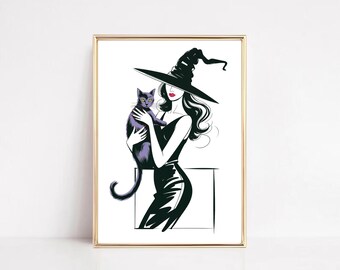 Witch Pin-Up Illustration: Glam Halloween Fashion Art Print (Digital Download)