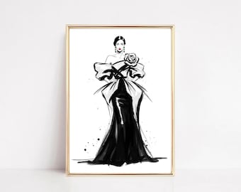 Illustratieprint catwalkmode: schets elegante zwarte jurk (digitale download)