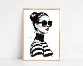 American in Paris mode illustratie muurkunst zonnebril print (digitale download)